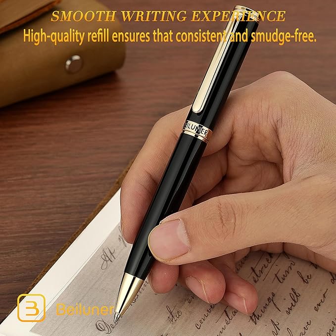 BEILUNER Luxury Gel Pen with 24K Gold Finish, Black Piano Lacquer, Luxury Grade Craftsmanship, Best Pen Gift Set for Men and Women, Professional, Executive, Office, Retractable Nice Pens