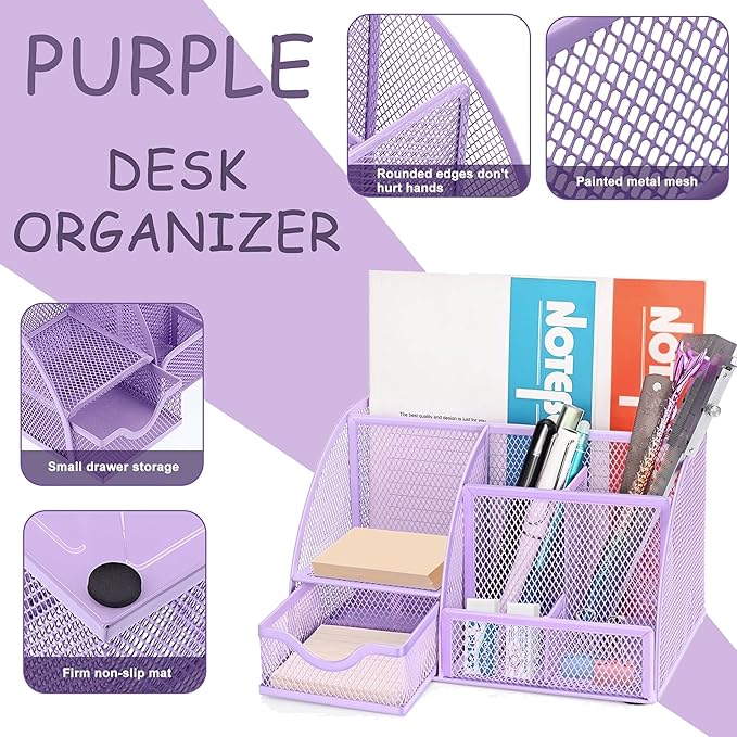 Purple Office Desk Accessories Supplies, 12pcs Desk Organizers and Accessories with Tape dispenser and Stapler,Staples,Staple Remover,Pen Holder,Scissor,Ruler,Sticky Tabs,Tape,Ballpoint Pen,Clips Set