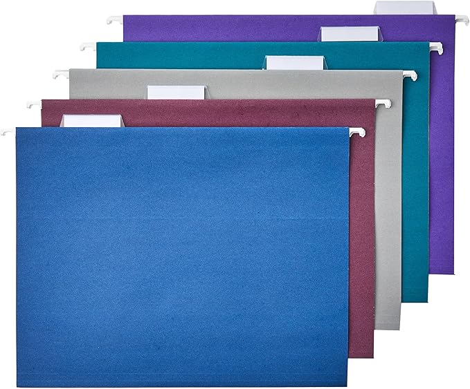Amazon Basics Hanging File Folders, Sturdy, Letter Size, 25-Pack, Assorted Jewel-tone Colors