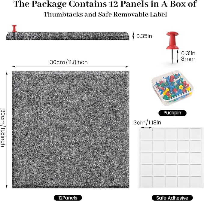 Large Office Cork Board Alternative - 47"x35"12 Pack Felt Wall Tiles Self-Adhesive Safe Removable No Damage for Wall Pin Board Tack Board Felt Cork Board for Walls or Office 48 x 36-Charcoal Grey