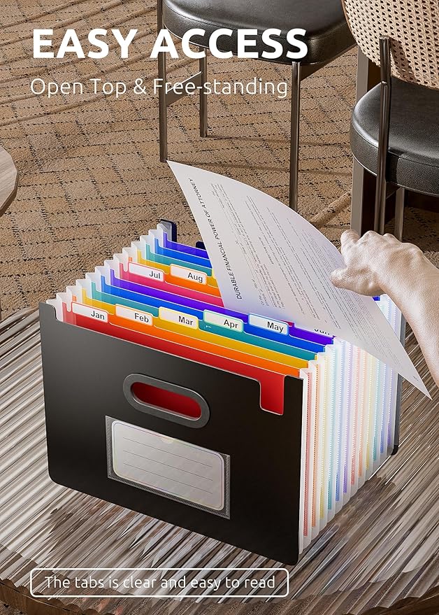ThinkTex 12 Pockets Accordion File Organizer, Upright & Coverless, Monthly Colorful Tabs, Larger Capacity Expanding File Folder, Letter/A4 Size for School, Home and Office - Black
