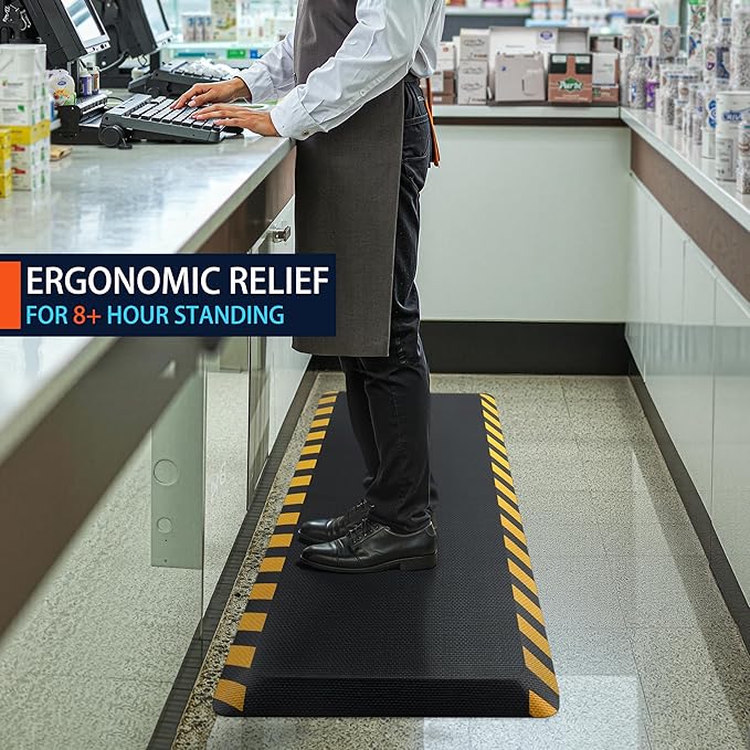 FEATOL Anti Fatigue Mat Industrial, Ergonomic Standing Floor Mat for Work for Stand, Black with Yellow Border Safety 20" x 39"-Support for Leg & Back Pain