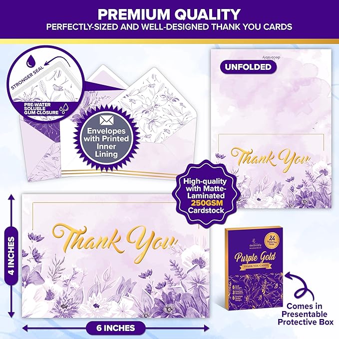 Decorably 24 Pack Gold-Foiled 6x4in Purple Thank You Cards with Envelopes and Stickers, 6 Elegant Designs Lavender Thank You Cards, Blank Inside - Wedding, Baby Shower