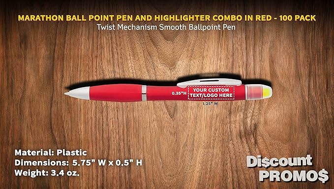 DISCOUNT PROMOS 100 Marathon Gel Highlighter Pens Pack - Customizable Text, Logo - Twist Mechanism, Ballpoint - Red