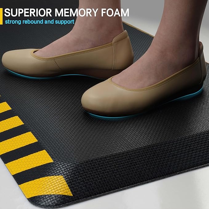 FEATOL Anti Fatigue Mats Industrial 8 Packs, Ergonomic Standing Floor Mat for Work for Stand, Black with Yellow Border Safety 20" x 39"-Support for Leg & Back Pain