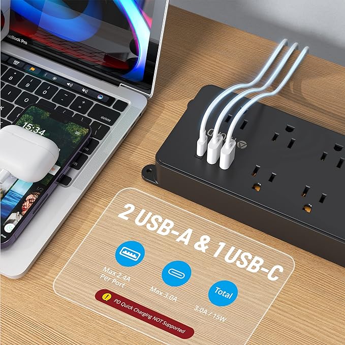 TROND Power Strip Surge Protector 10ft, ETL Listed, Flat Plug Extension Cord with 2 USB-A & 1 USB-C, Wall Mountable, 7 Widely-Spaced Outlets, 1700J, for Home Office Garage, Black