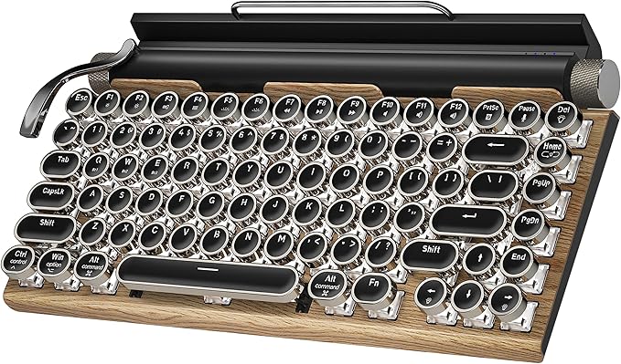 Retro Typewriter Wireless Mechanical Gaming Keyboard, Bluetooth 5.0 Office Computer Vintage Keyboards 83-Key Blue Switches Punk Round Keycap, LED Backlight, Compatible with PC/Laptop/Pad/Phone, Wood