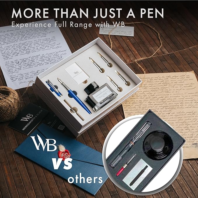 Wordsworth & Black Fountain Pen Gift Set, Includes Bottle, 6 Cartridges, Refill Converter, 4 Replacement Nibs, Premium Package, Journaling, Calligraphy, Smooth Writing Pens [Blue Chrome]