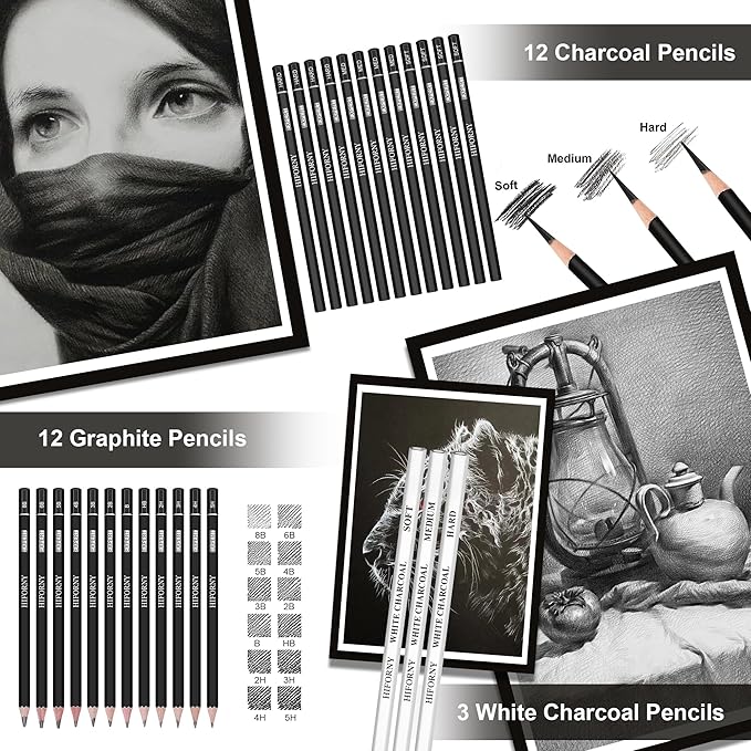 HIFORNY 100 PCS Drawing & Sketching Set, Professional Art Supplies with Graphite,Charcoal, Colored,Watercolor,Metallic Pencils,Blending Tools,Sketchbook and Coloring Book in Zipper Case (Grey)