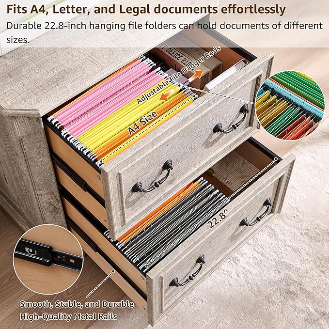 T4TREAM 2 Drawer File Cabinet-30 Wide Wooden Extended Desktop, Farmhouse Filing Cabinet with Smooth Rails, Holds Letter/Legal/A4, Hexagonal Design & Framed Drawer Fronts, Light Rustic Oak