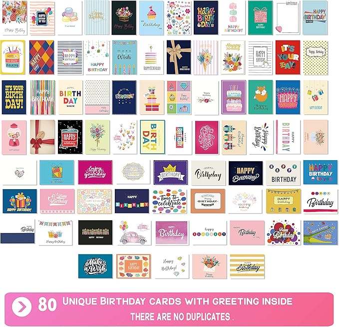 80 Unique Birthday Cards- Happy Cards Bulk With Greetings Inside – Assorted Envelopes and Stickers -Large 5 x 7 inches- Greeting Box Set