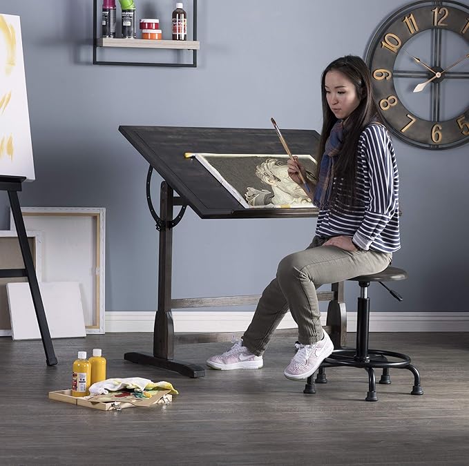 Studio Designs Vintage Drawing/Drafting Table with Pencil Ledge - 42" W x 30" D - Distressed Black - Adjustable Tilting Top