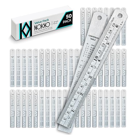 6 Inch Metal Ruler Bulk Set - 50-Pack of Compact 6 Inch / 15cm Stainless Steel Rulers - Precise Edge-Starting Imperial & Metric Measurements - Essential for Classrooms, Workshops, and Offices