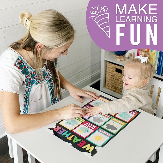 Hadley Designs 16 Educational Posters for Classroom & Kindergarten, Kindergarten Classroom Must Haves, Laminated PreK Learning Chart Materials US & World Map, ABC Alphabet, Shapes, Days of the Week