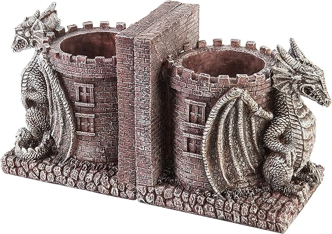 MyGift Dragon Guard Castle Resin Decorative Bookends for Heavy Books with Pencil Holders, Fantasy Themed Book Holder for Home and Office