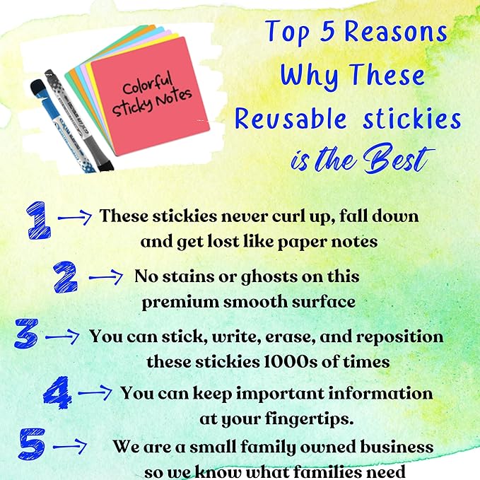 Reusable Dry Erase Sticky Notes - 6 Pack of 4″x4″ Whiteboard Stickers for Lists, Labels, Reminders & Decals - Adheres to Most Surfaces