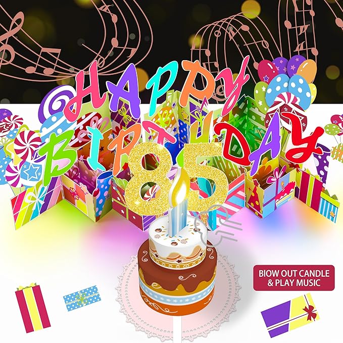 Gumry 85TH Musical Birthday PopUp Card, Blowable Colorful Light Candle 3D Cards with Song, Applause Cheers Sound, Greeting Cards Birthday Gifts Decorations for Women Men Turning 85 Years Old