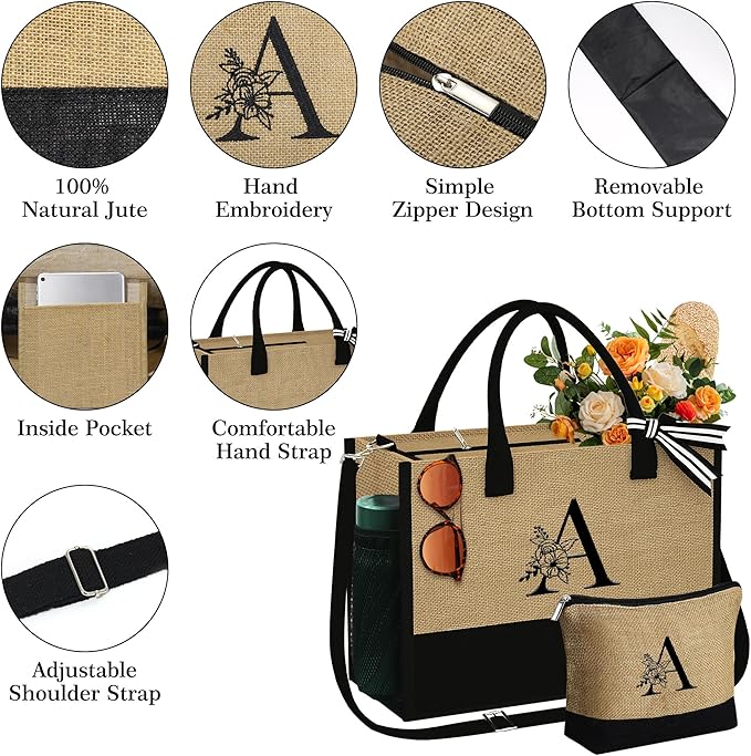 YOOLIFE Christmas Gifts for Women, Initial Jute Tote Bag with Zipper Grandma Mom Bride Teacher Gifts Birthday Gifts for Women