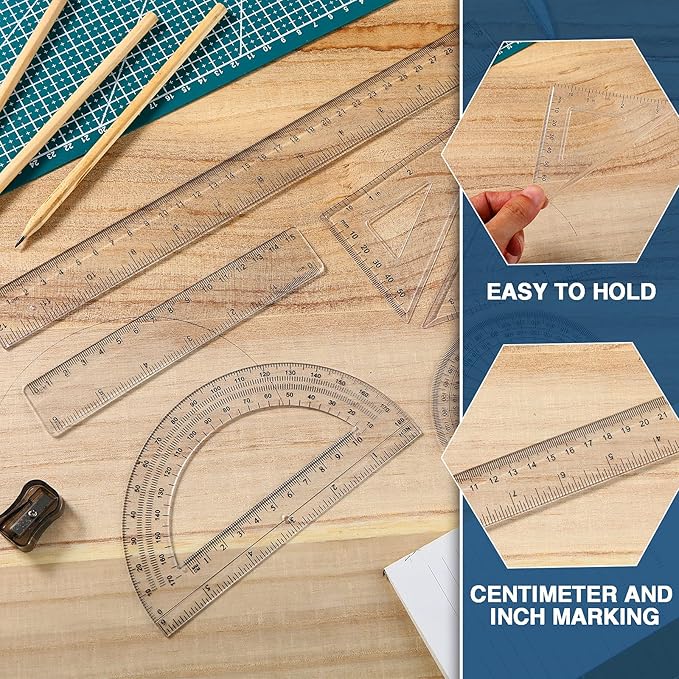 Tenare 1 Set Plastic Clear Math Set Includes Protractor Triangle Rulers 12 Inch 6 Inch Straight Geometry Math Transparent Ruler Measuring Tool for School Office Home Supplies(Clear)