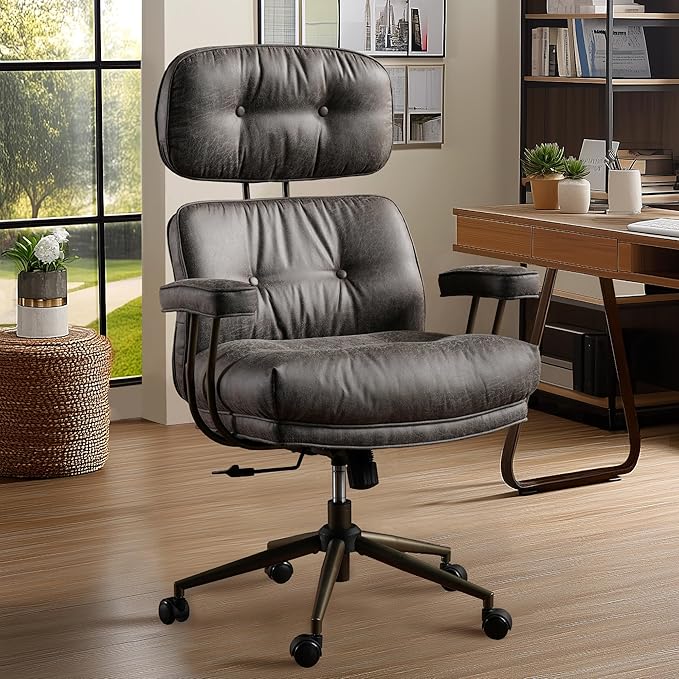 Mid Century Modren Big and Tall Office Chair,Large Ergonomic Executive Chair for Heavy Duty People, Computer Desk Task Chair with Wheels, Faux Lether Fabric Wide Chair for Home Sturdy,Grey