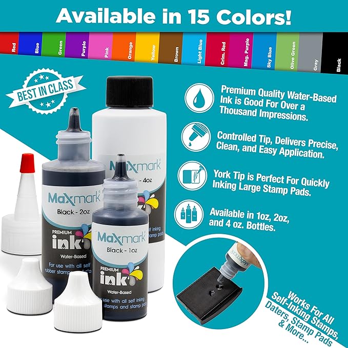 MaxMark Premium Refill Ink for self Inking Stamps and Stamp Pads, Sky Blue Color - 1 oz.
