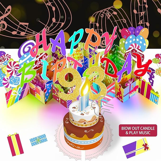 Gumry 93RD Musical Birthday PopUp Card, Blowable Colorful Light Candle 3D Cards with Song, Applause Cheers Sound, Greeting Cards Birthday Gifts Decorations for Women Men Turning 93 Years Old