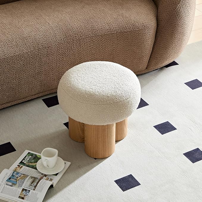 MEETAKING Small Round Foot Stool, Teddy Fabric Footrest Ottoman Stool with Non-Skid Legs, Modern Footstools Step for Couch, Desk, Office, Living Room (Beige)