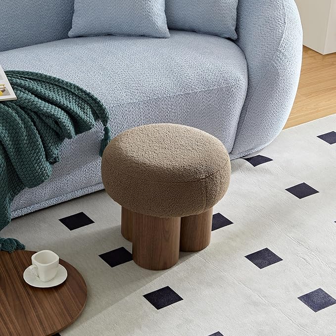 MEETAKING Small Round Foot Stool, Teddy Fabric Footrest Ottoman Stool with Non-Skid Legs, Modern Footstools Step for Couch, Desk, Office, Living Room (Brown)