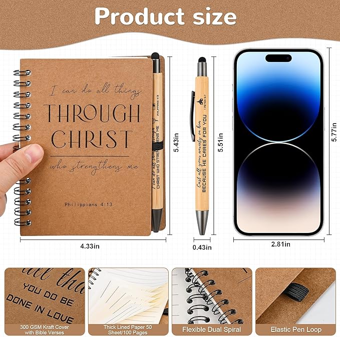INSADA 30 Sets Bulk Christian Spiral Notebooks with Bamboo Pen Prayer Journal, Small Notepad (5.43”x4.33”) - Easter Gifts for Church Members, Bible Study Groups & Church Families