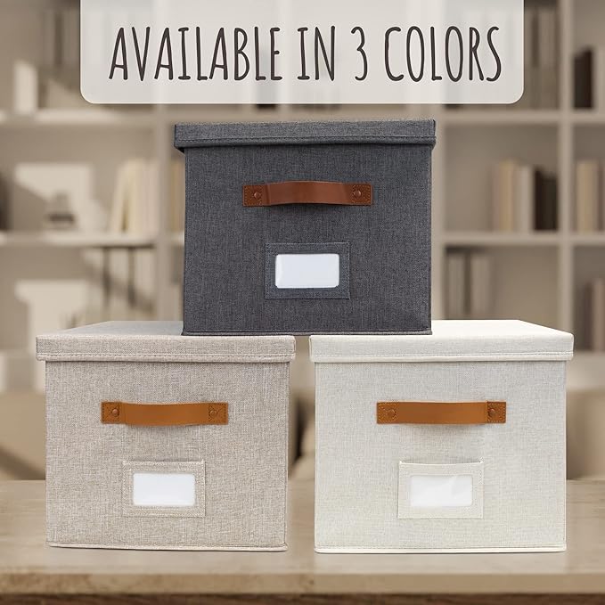 ZICOTO Decorative File Organizer Box Set of 2 - Collapsible Linen Filing Cabinets w/Handles Are Perfect to Store all Your Documents & Hanging File Folders - Portable Easy Slide Crates with Lid