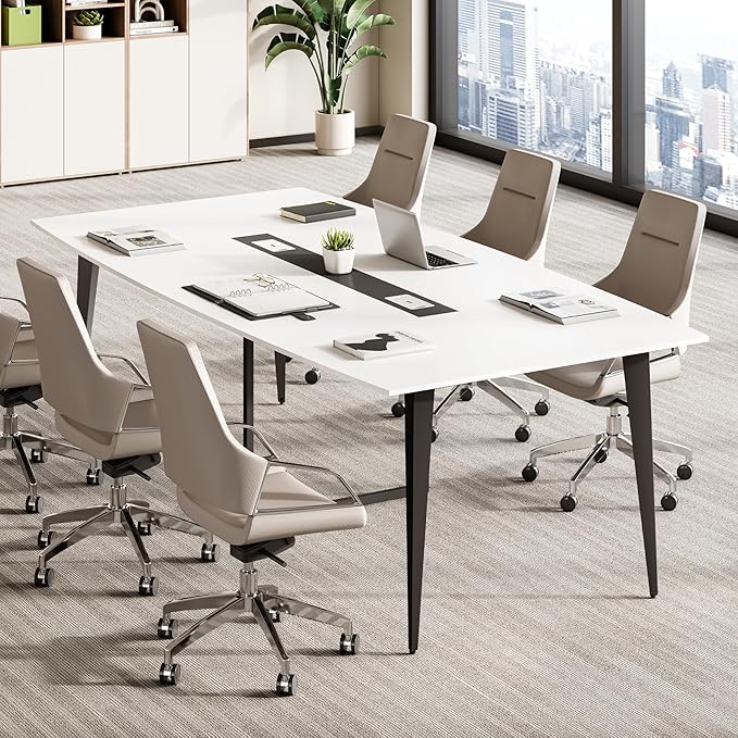 LITTLE TREE 8FT Conference Room Table, 94.48L x 47.21W x 29.52H Boat Shaped Meeting Table, White&Black