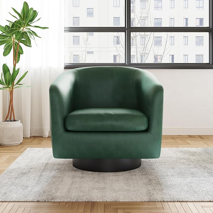 UIXE Faux Leather Swivel Accent Chair with Wood Base, Modern Upholstered Barrel Chairs for Living Room, Comfy Round Armchair Single Sofa Bedroom Reading Seat - 31" W, Green