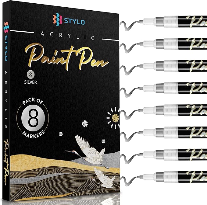 Stylo 8 Count Acrylic Metallic Pens - Silver Paint Pens - Fine Tip Permanent Acrylic Metallic Paint Markers for Rock Painting, Glass, Wood, Ideal for Arts and Crafts (Pack of 8, Silver)