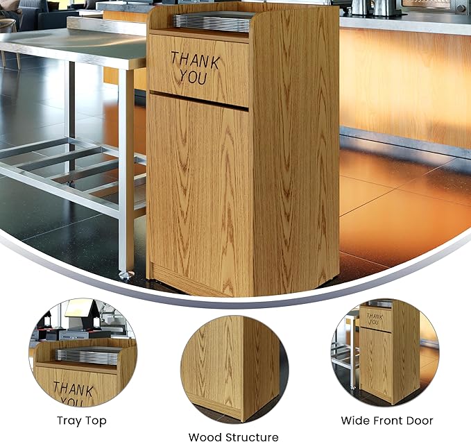 Flash Furniture Sony Laminate Wood Commercial-Grade Trash Receptacle with Tray Top, Wooden Restaurant Trash Can Cabinet and Garbage Receptacle, Oak