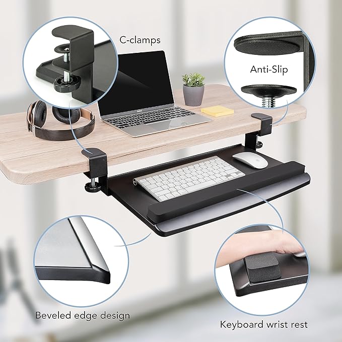 EHO Clamp-On Retractable Adjustable Keyboard Tray, Under Desk Ergonomic Keyboard Tray - Easy Tool-Free Install - Small with Wrist Rest 20" (24.8" Including Clamps) x 11.5" for Enhanced Typing Comfort