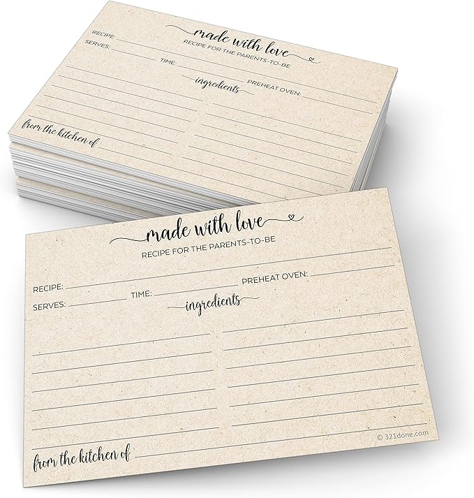 321Done Recipe Cards for the Parents-To-Be (Set of 50) 4x6 Rustic Kraft - Simple, Cute Made with Love Heart Design - Double-Sided - For Bridal Shower, Wedding, Recipe Box Gift - Made in the USA