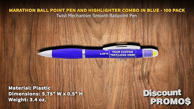 DISCOUNT PROMOS 100 Marathon Gel Highlighter Pens Pack - Customizable Text, Logo - Twist Mechanism, Ballpoint - Blue