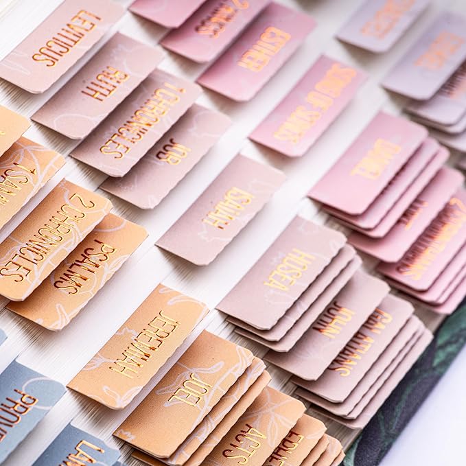DiverseBee Laminated Bible Tabs (Gold Embossed Lettering), Bible Study Journaling Supplies, Bible Book Tabs, 73 Bible Tabs for Women and Men, Includes 4 Blank Tabs (Honeydew)