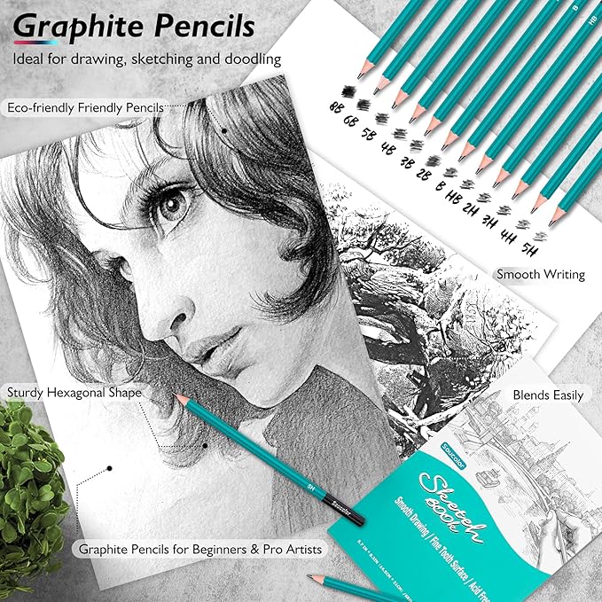 Soucolor 73 Pack Art Supplies Sketching Kit for Adults Kids Teen Gifts, School Supplies, Drawing Sketching Pencils with Sketchbook, Coloring Book, Colored Watercolor Metallic Graphite Charcoal Pencils