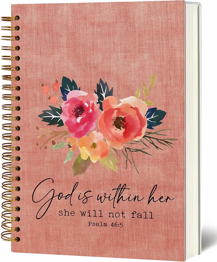 Bible Notebook, A5 Spiral Christian Journal Pink Floral Notebook, Bible Verse-God is Within Her She Will Not Fall, Inspirational Notebooks for Women, Bible Study, Gift for Birthday Christmas