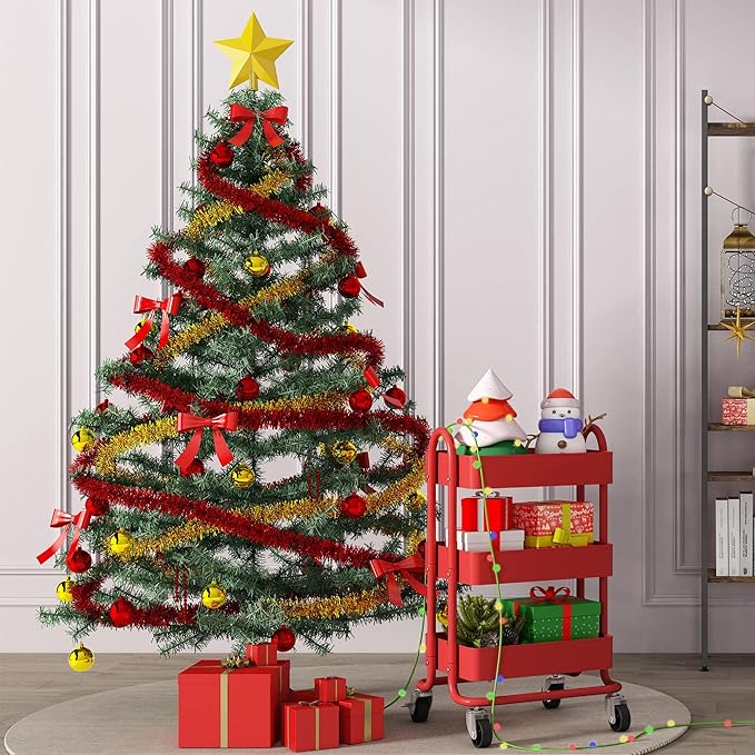 3-Tier Red Utility Rolling Cart,Kitchen Storage Carts with Wheels,Red Metal Rolling Cart for Office,Home,Kitchen,Garden（13.4"x18.1"x31"） Red