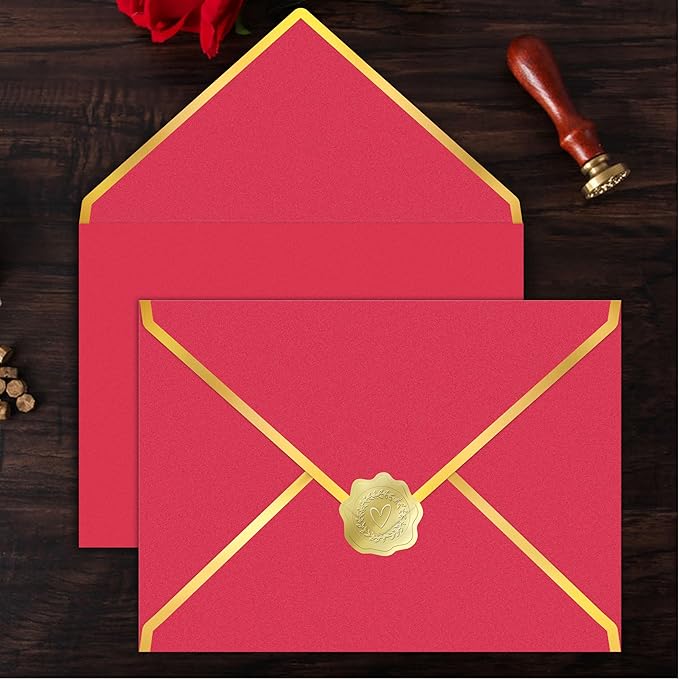 60 Pack Gold Envelopes 5x7 Rose Red, 250G Pearled Cardstock A7 Envelopes for Invitations Business Mailing Envelope with Gold Foil Border, A6 4x6 Envelopes for Wedding Baby Shower Cards