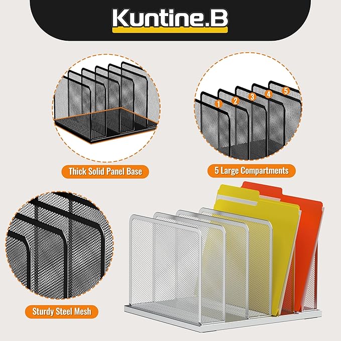 Kuntine.B Desk File Organizer Upright Mesh Desktop Organizer File Sorter Office Organization File Holder for Home, Office & Classroom (Silver, 1 Pack 5-Section)