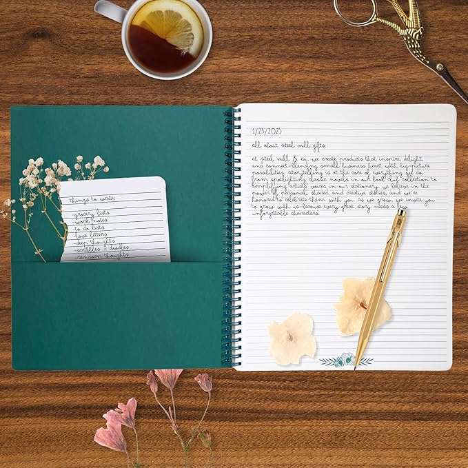 Steel Mill & Co Cute Large Spiral Notebook College Ruled, 11" x 9.5" with Durable Hardcover and 160 Lined Pages, Garden Blooms (Cream)