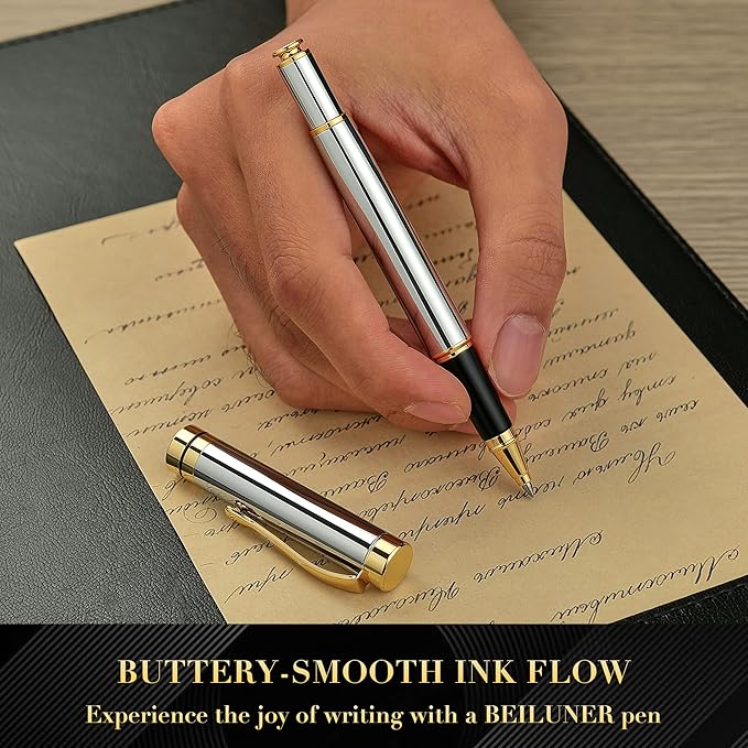 BEILUNER Ballpoint Pens, Stunning Bright Silver Chrome Metal Pen with Golden Trim, Fancy Ball Pen Gift Set for Men & Women, Graduation, Executive, Office, Nice Gift Box with 0.5mm Black Spare Refill