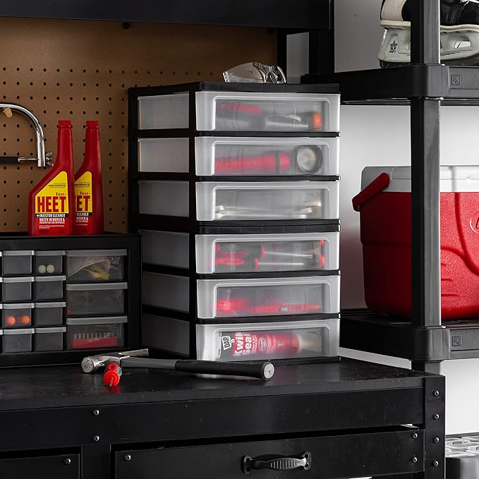 IRIS USA Plastic Stacking Desk Top 3-Drawer Storage Organizer, 2-Pack, for Makeup Vanity Nail Polish Bathroom Stationery Art Craft Supplies Kitchen Office Garage and Small Organization, Medium, Black
