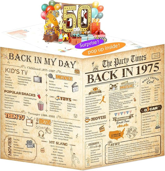 50th Birthday Card for Men Women, 3D Pop Up 50th Birthday Gifts Cards for Him Her, Back In 1975 Funny 50 Year Old Birthday Decorations, Classy Vintage