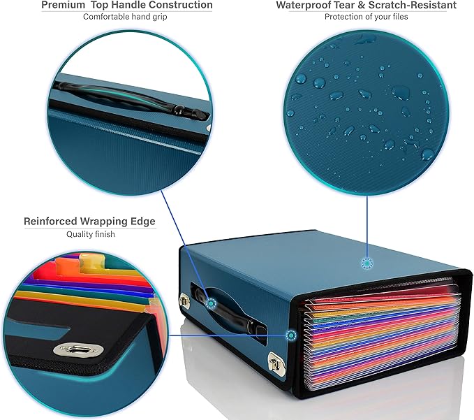 CNK Accordion File Organizer - 36 Pocket Teal Folder with Ergonomic Handle, Double Lock Buckles, Protects Documents, Durable Polypropylene, 8.5 x 11 in