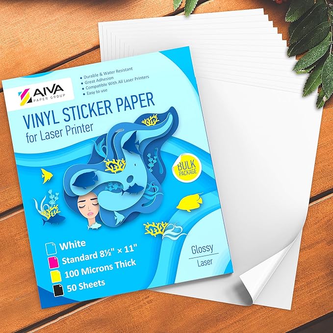 Printable Vinyl Sticker Paper for Laser Printer - Glossy White - 50 Self-Adhesive Sheets - Waterproof Decal Paper - Standard Letter Size 8.5"x11"