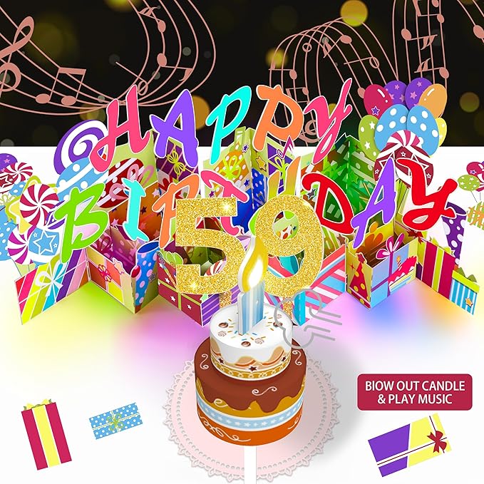 Gumry 59TH Musical Birthday PopUp Card, Blowable Colorful Light Candle 3D Cards with Song, Applause Cheers Sound, Greeting Cards Birthday Gifts Decorations for Women Men Turning 59 Years Old
